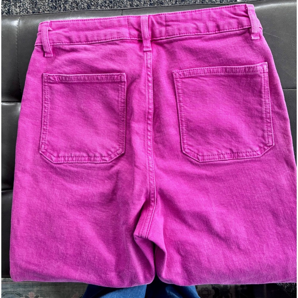 Zara High Rise Straight Leg Jeans Fuchsia Pink Raw Hem Front‎ Patch Pockets Sz 6 - Picture 6 of 6
